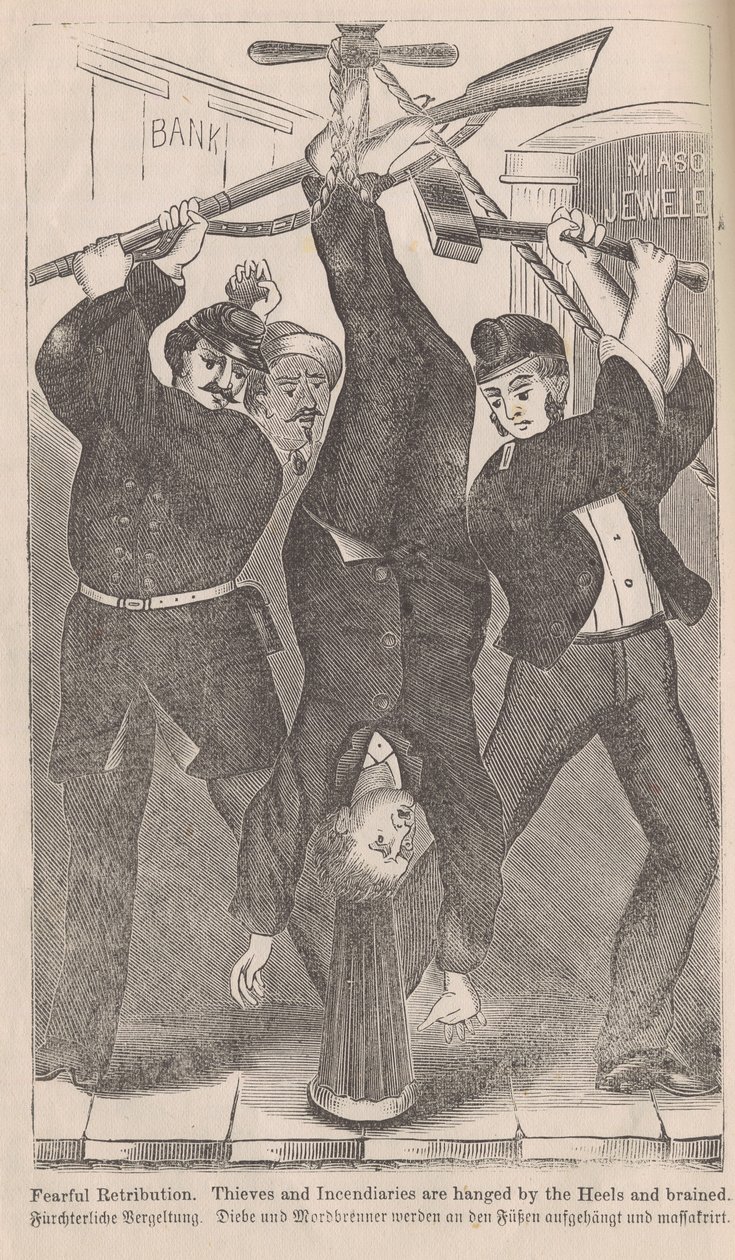 Fryktelig gjengjeldelse, tyver og brannmenn blir hengt av hælene og hjernen, fra The Great Fires of Chicago av George L. Barclay, 1872 av American School