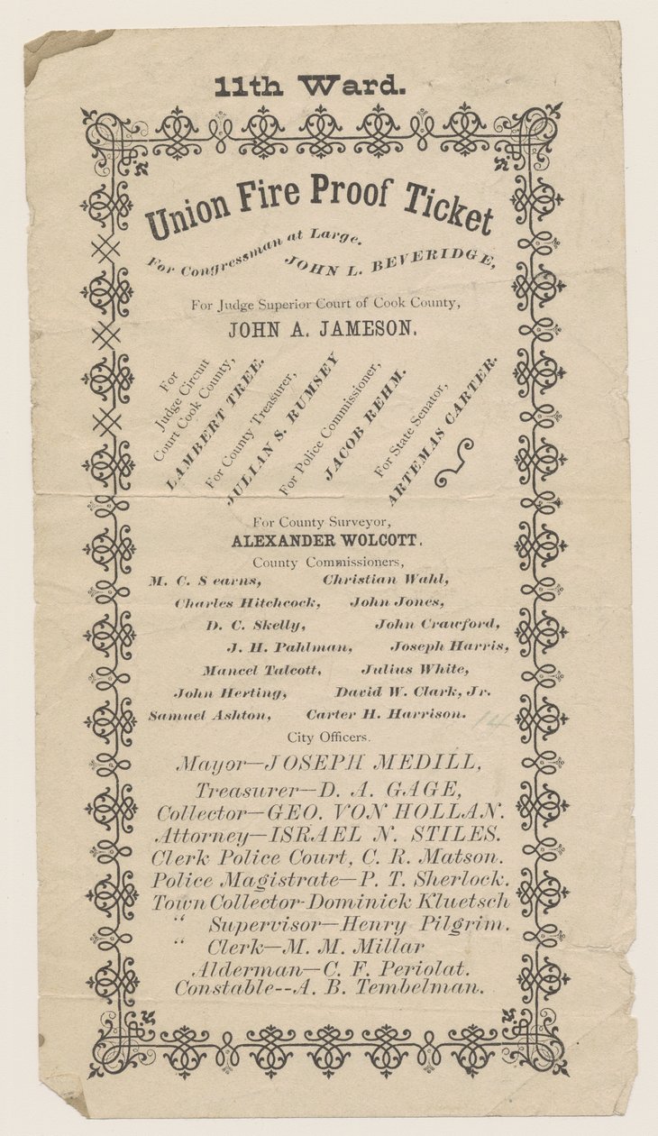 Handbill of the 11th Ward Union Fire Proof Ticket, Chicago, 1871 av American School