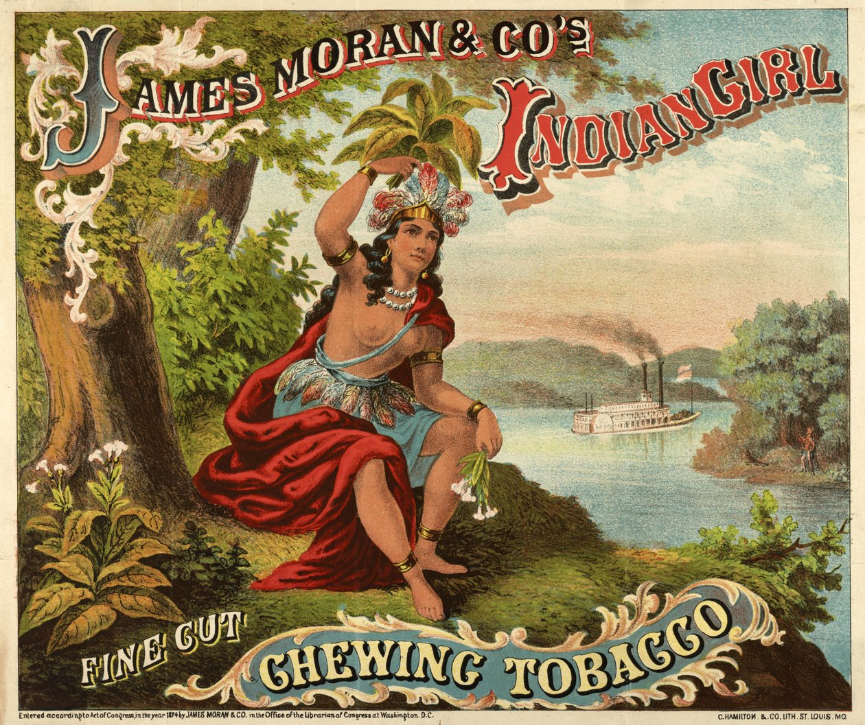 James Moran & Co.s Indian Girl Fine Cut Chewing Tobacco, pub., ca. 1874 (oolour litho) av American School