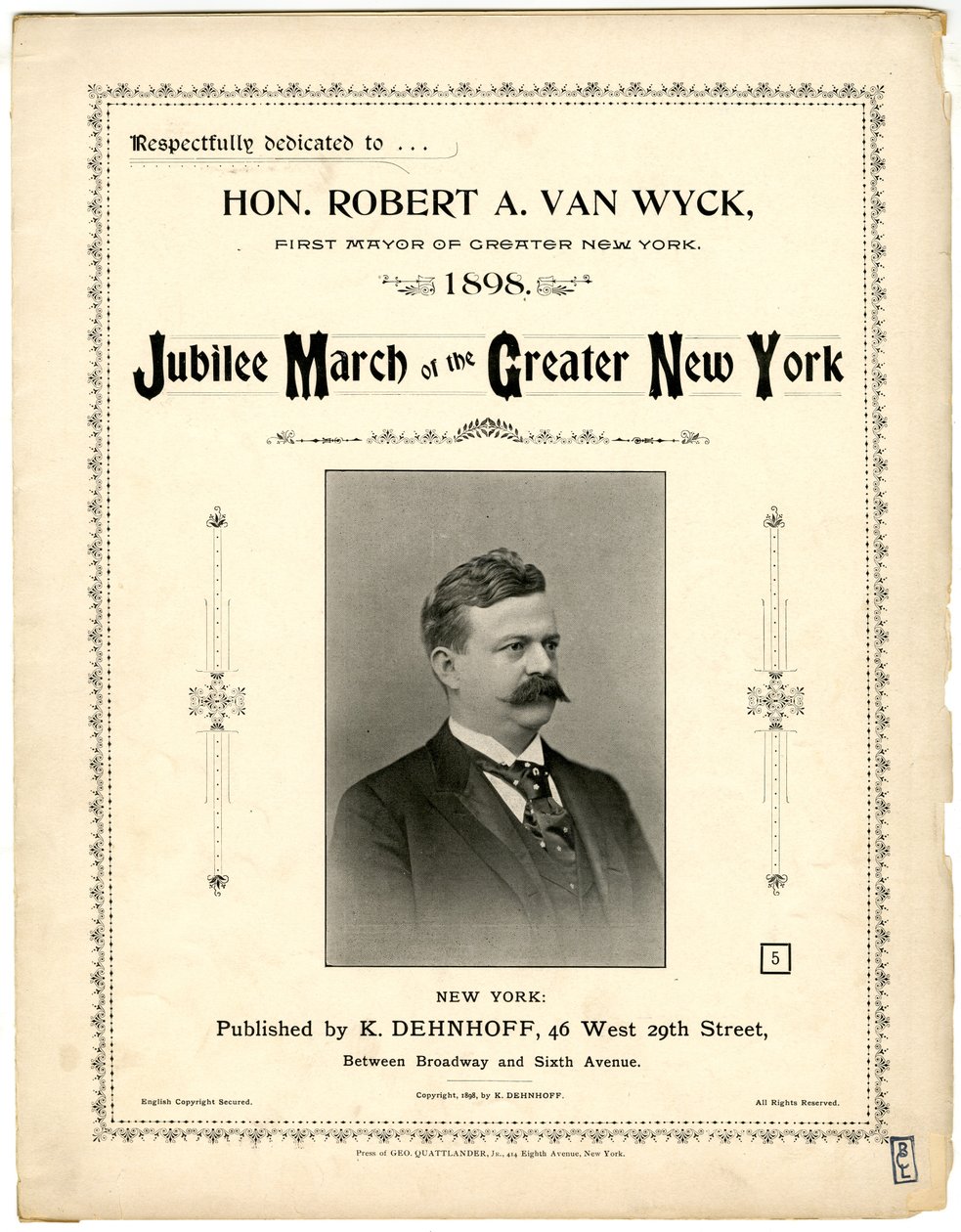 Jubilee March of Greater New York [noteomslag], 1898 (litografi [noteomslag]) av American School
