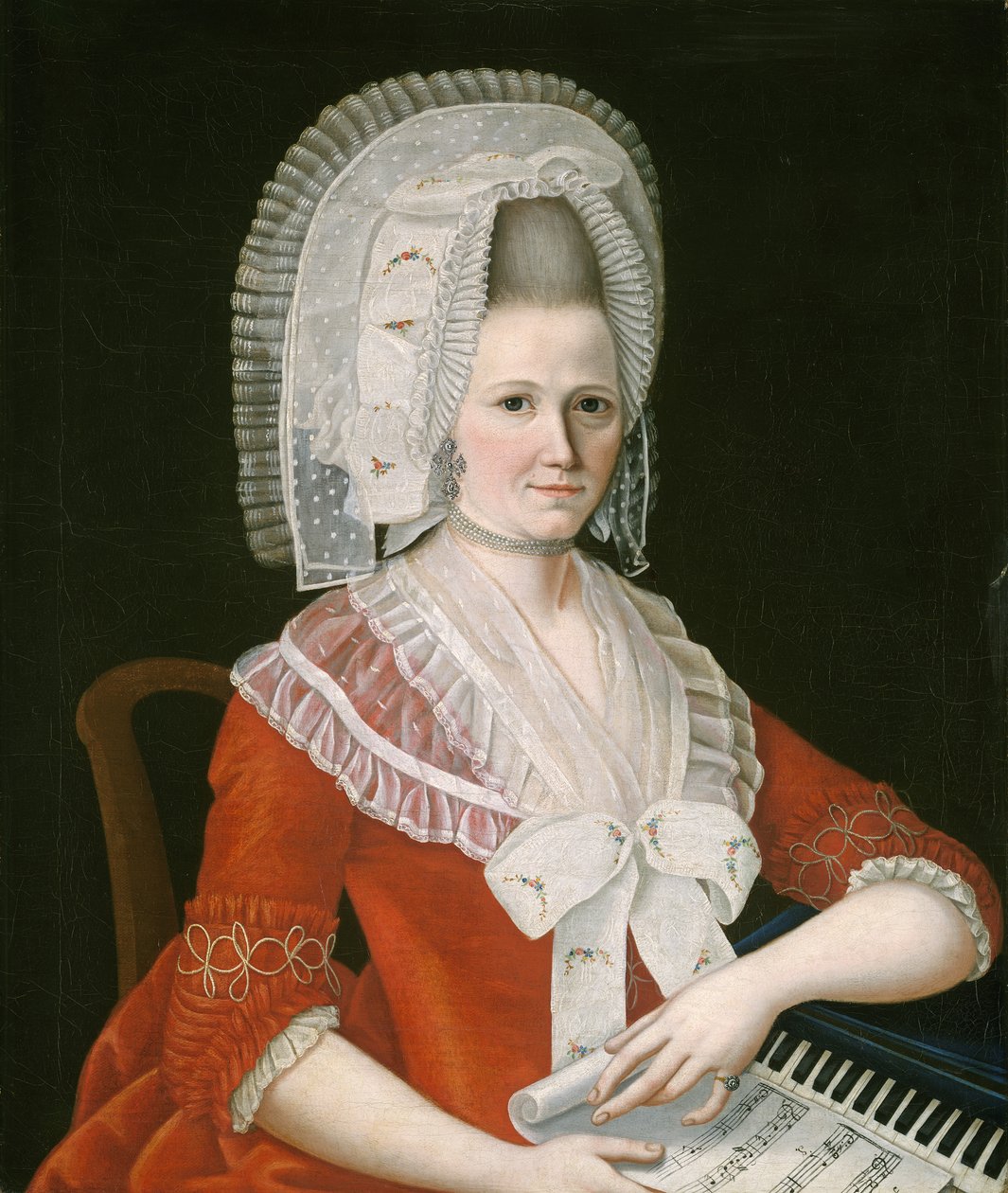 Dame iført en stor hvit hette, ca. 1780 av American School