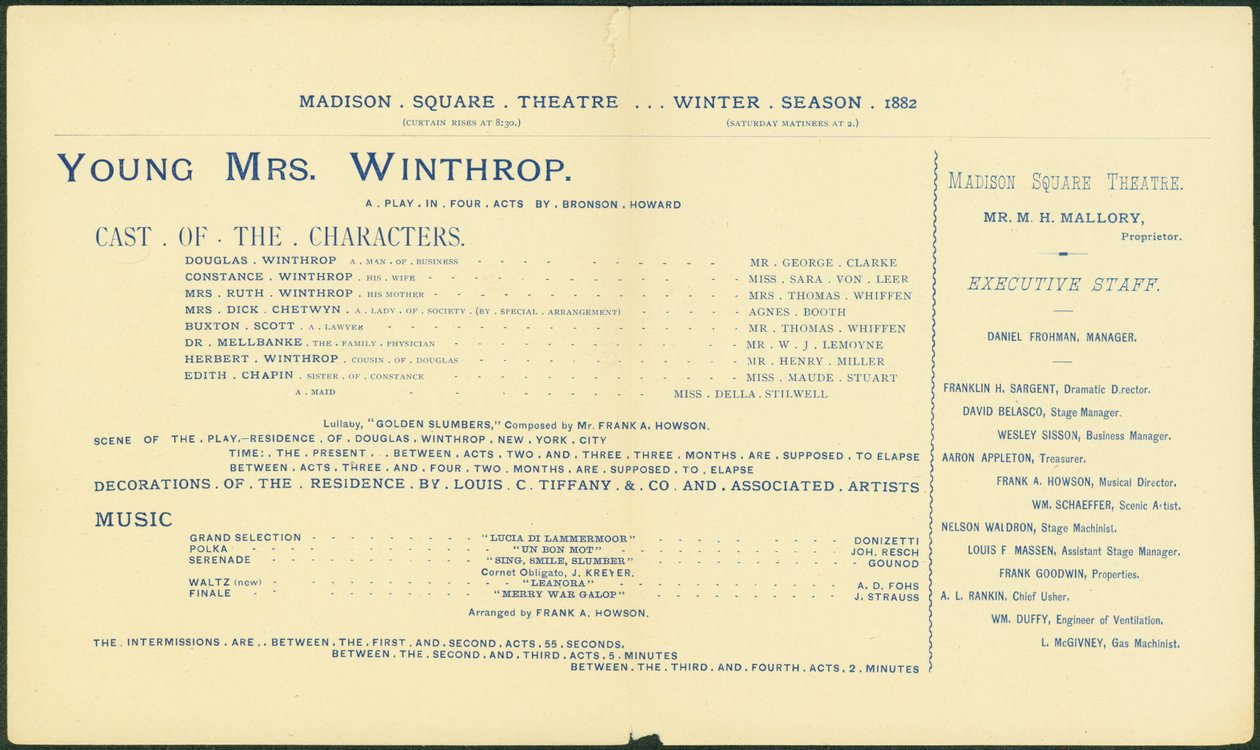Madison Square Theatre, vintersesongen 1882-83, program for Young Mrs. Winthrop. [interiør], 1882 av American School