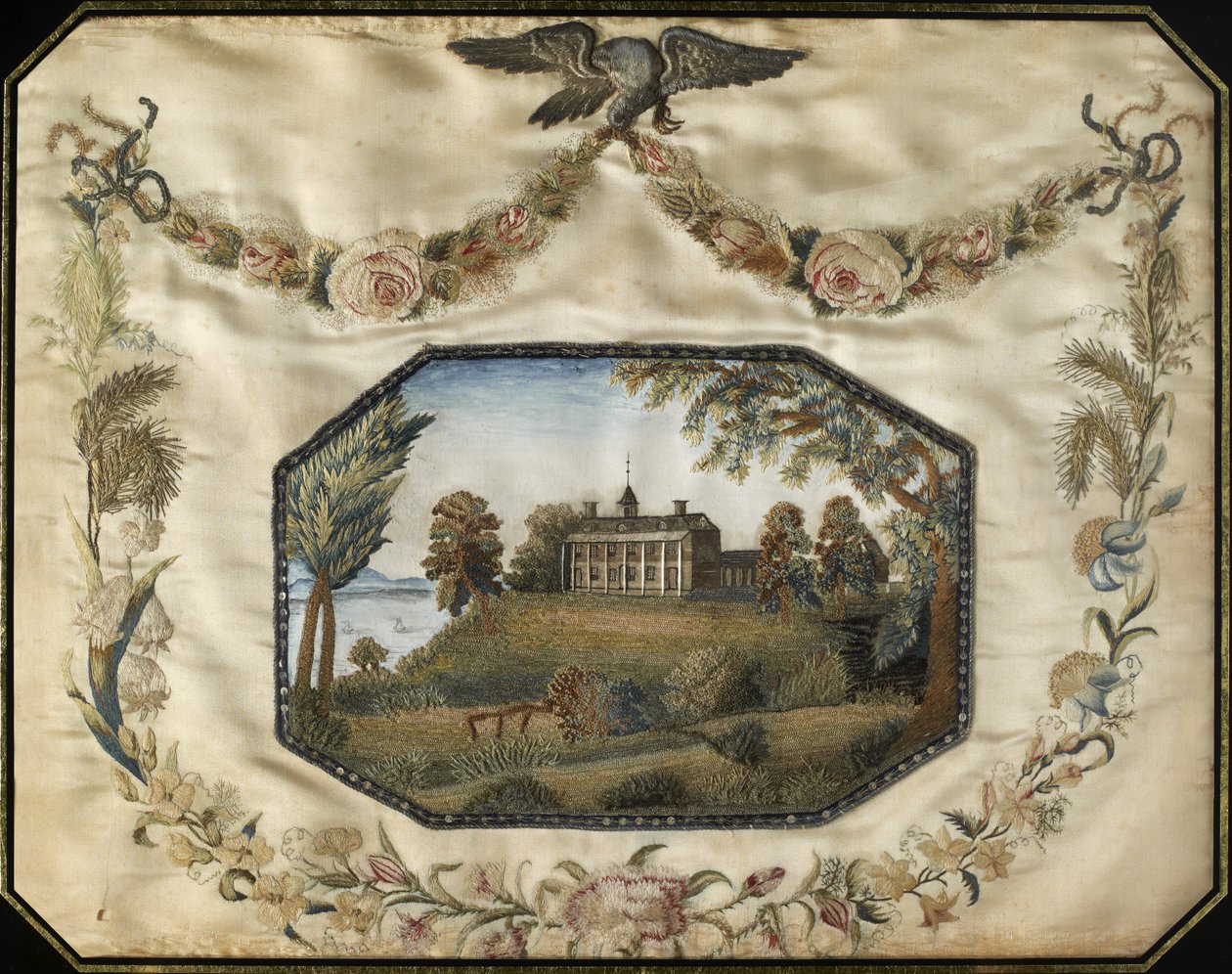 Mount Vernon i Virginia Setet til avdøde løyt. General George Washington, ca. 1800-1805 (silke, gull og sølv metalltråder, med akvarell og spangles) av American School