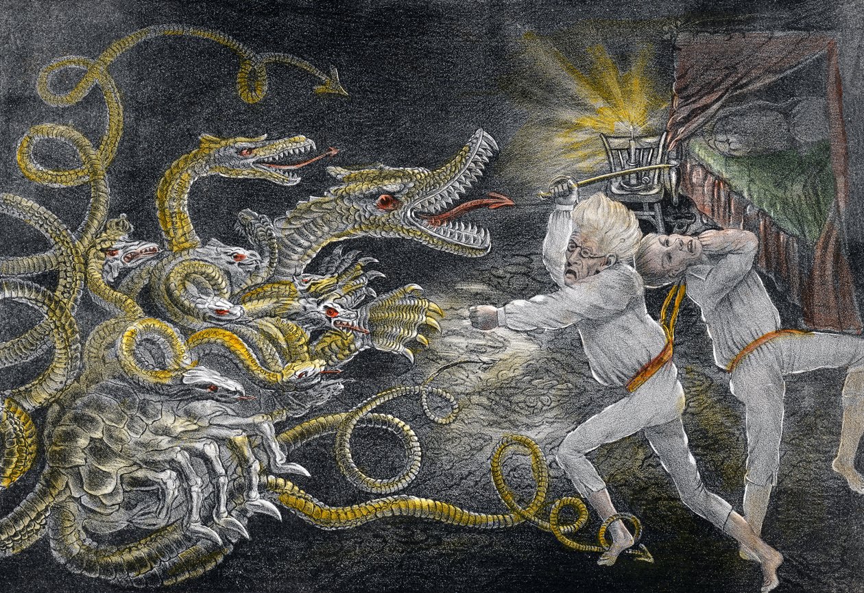 Politisk quixotisme som viser konsekvensene av å sove i Patent Magic Spectacles, Diplomatic Hercules, angrep Political Hydra, pub. 1833 (håndfarget gravering) av American School