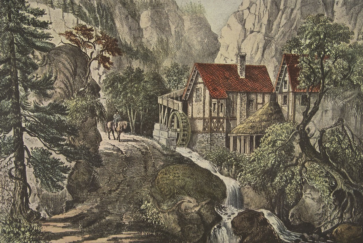 Puzzle Bilde - Old Swiss Mill, pub. 1872, Currier & Ives av American School