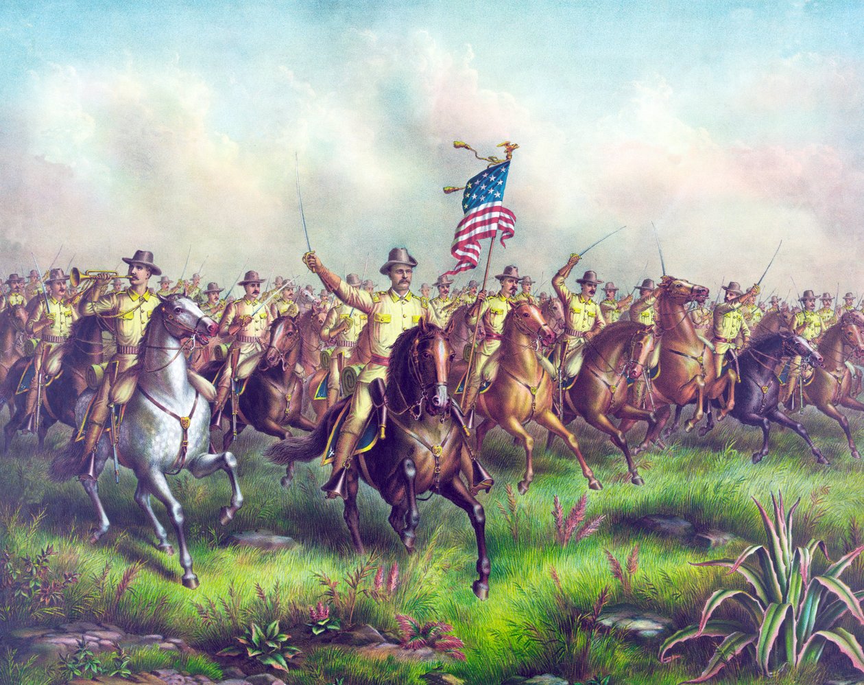 Rough-Riders, ledet av oberst Theodore Roosevelt, pub. 1898 (håndfarget gravering) av American School