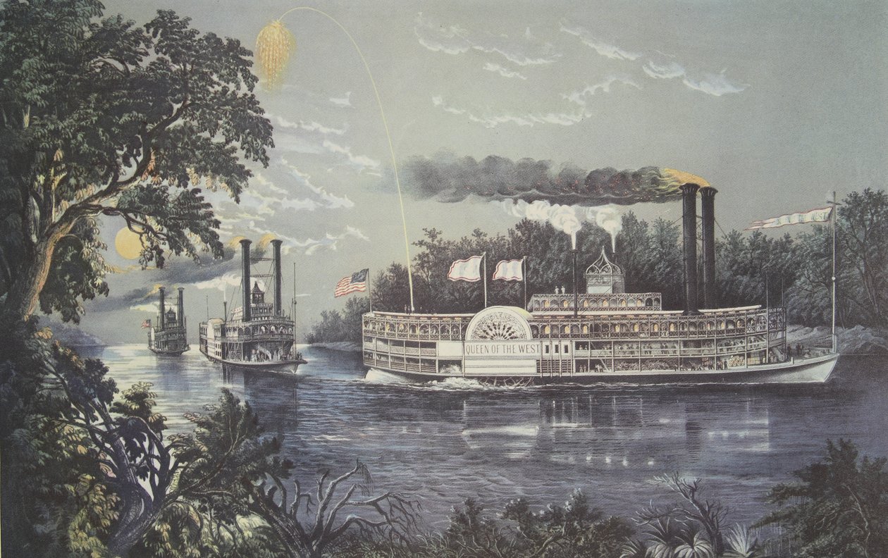 Rounding A Bend On The Mississippi, Steamboat Queen of the West, pub. 1866, Currier & Ives av American School