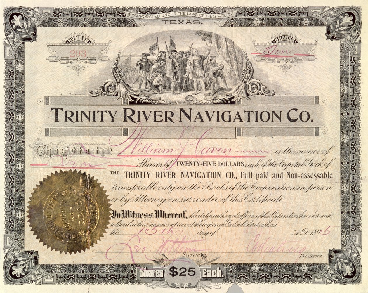 Aksjeandel for Trinity River Navigation Co., 1895 av American School