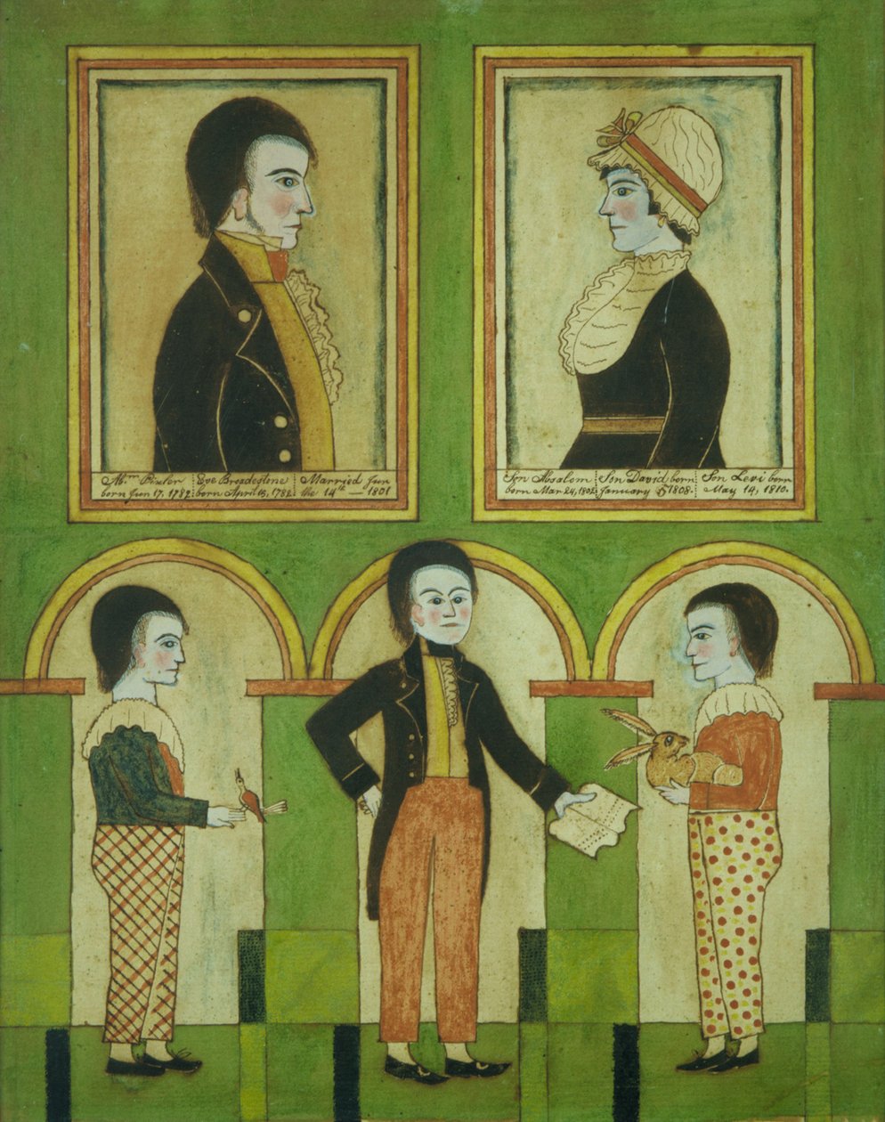 The Abraham Pixler Family, ca. 1815 (wc, penn, blekk og gouache på papir) av American School