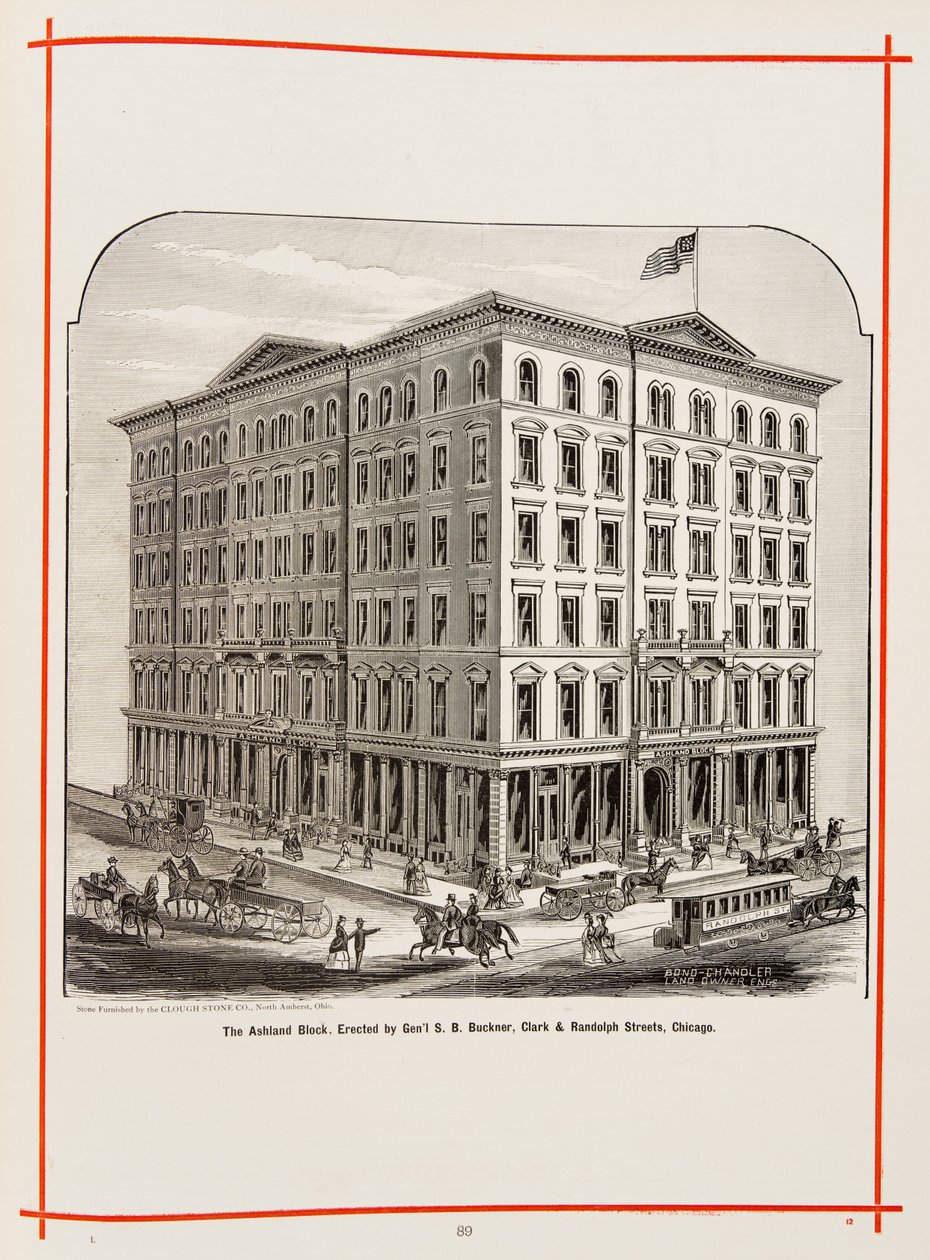 The Ashland Block at Clark and Randolph Streets, Chicago, Illustrasjon i The Merchants and Manufacturers of Chicago Illustrated, 1873 av American School