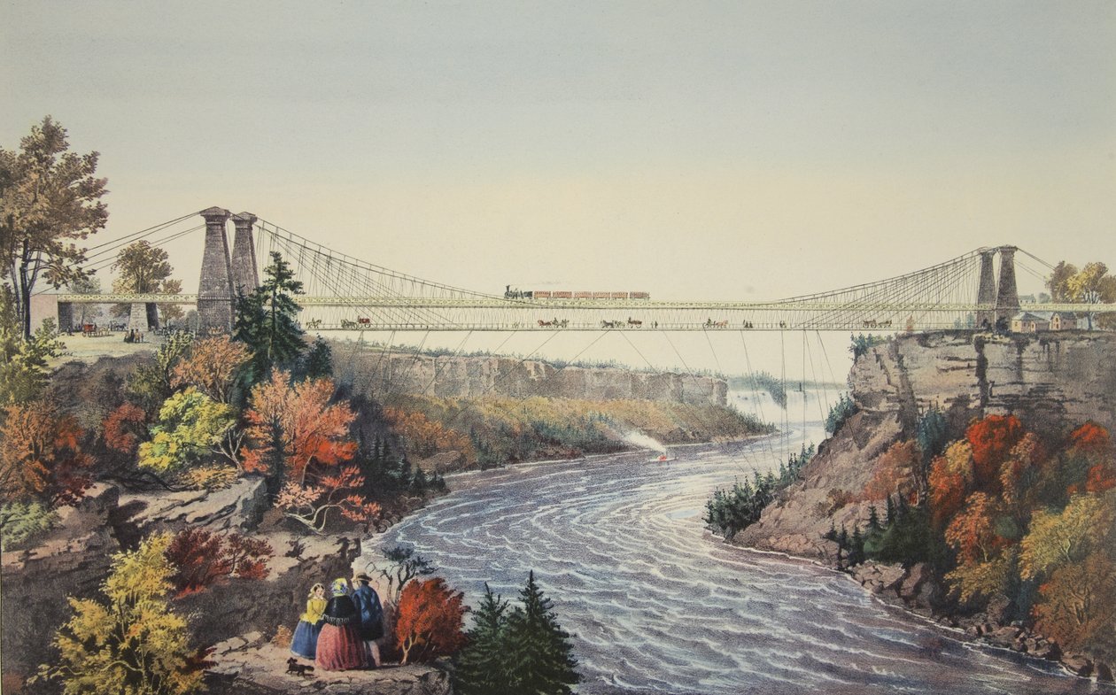 The Rail Road Suspension Bridge, nær Niagara Falls, 1856, Currier & Ives av American School