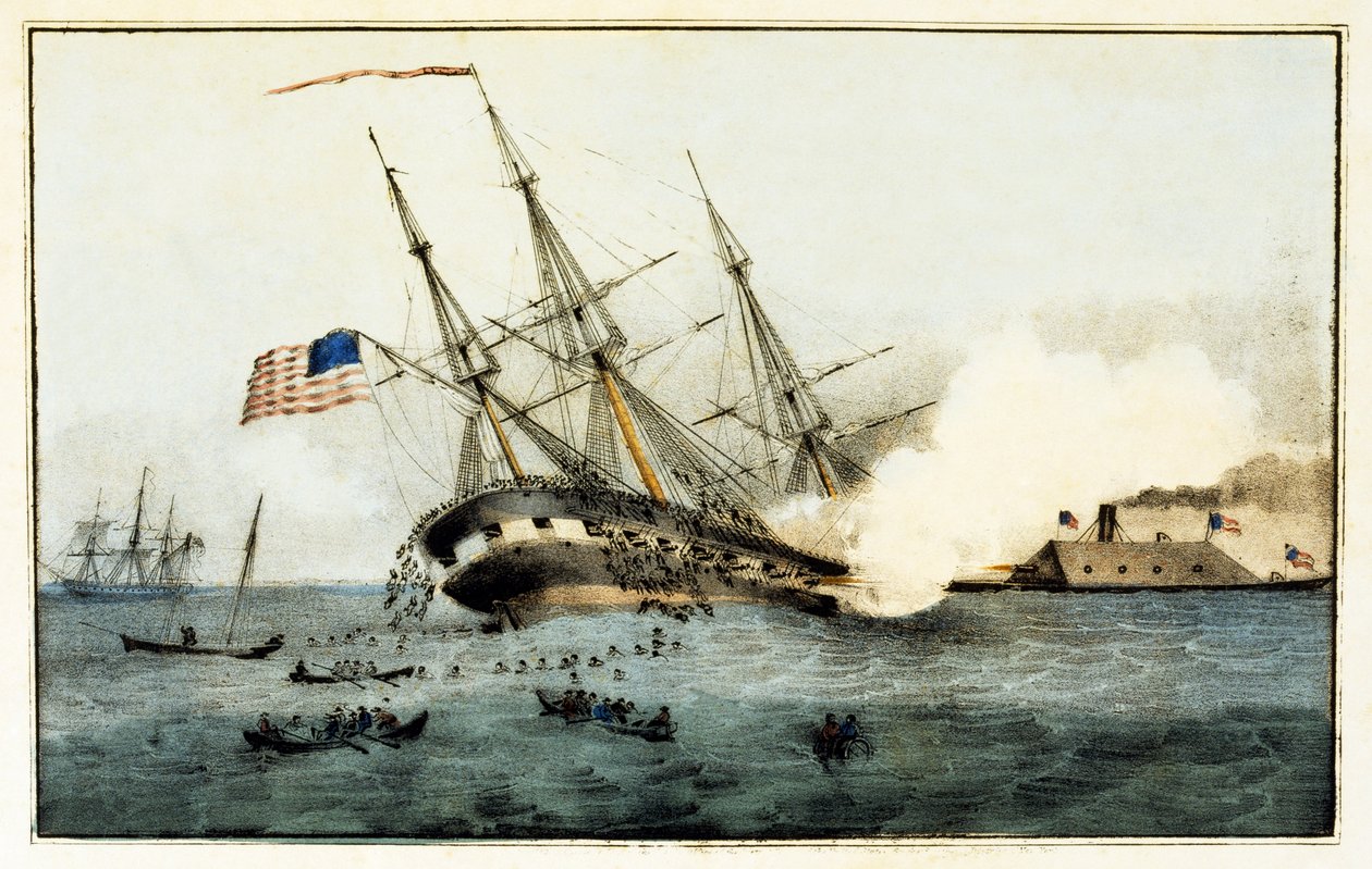 The Sinking of the Cumberland av Iron Clad Merrimac, utenfor Newport News, Va., 8. mars 1862, pub. 1862 av American School