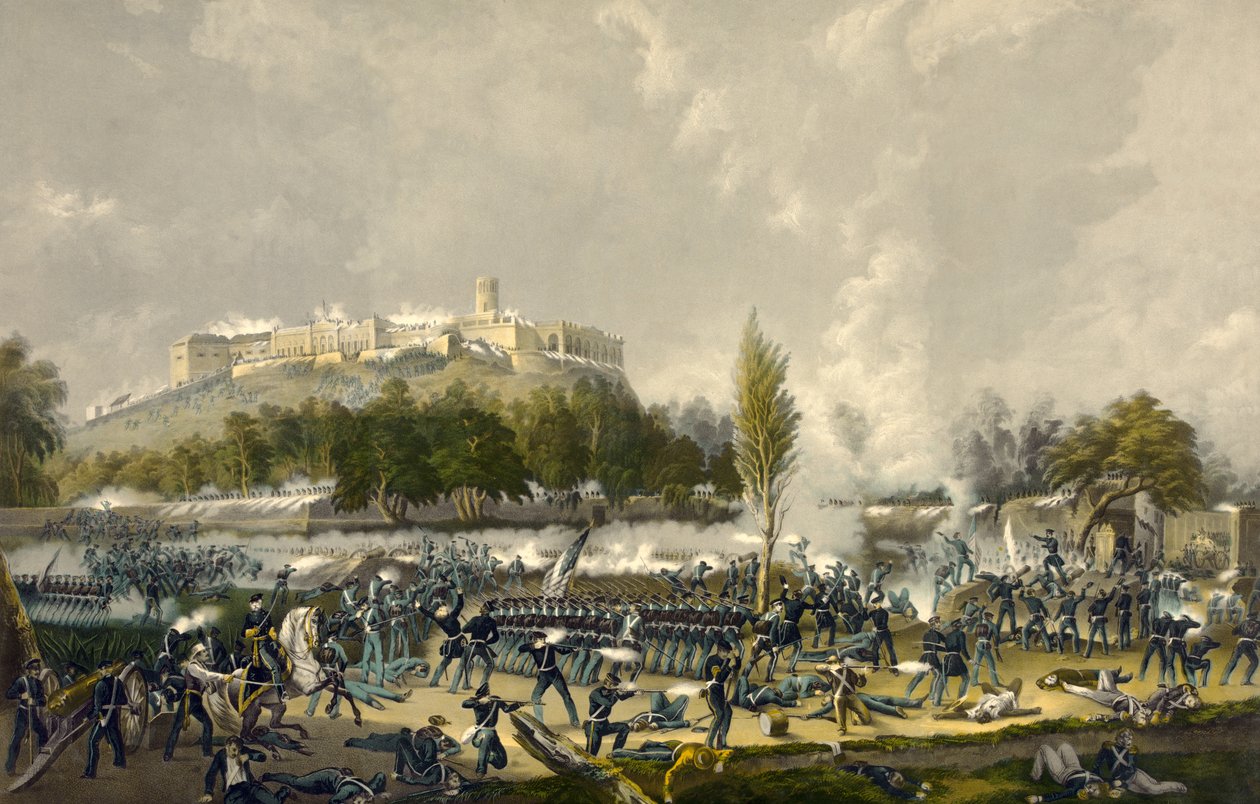 The Storming of Chapultepec, 13. september 1847, pub. 1848 (farget lito) av American School