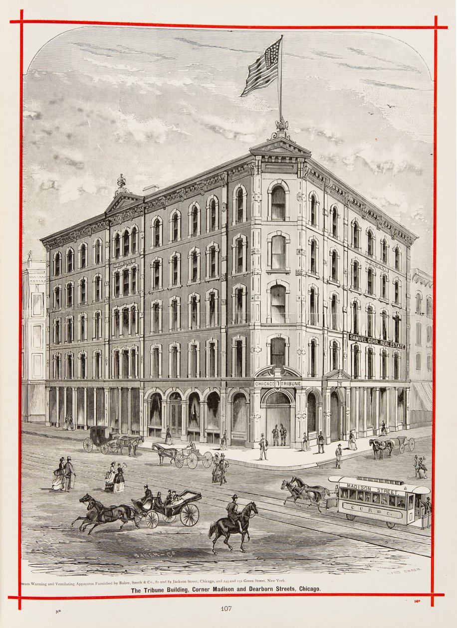 The Tribune Building på hjørnet av Madison og Dearborn Streets, Chicago, Illustrasjon i The Merchants and Manufacturers of Chicago Illustrated, 1873 av American School