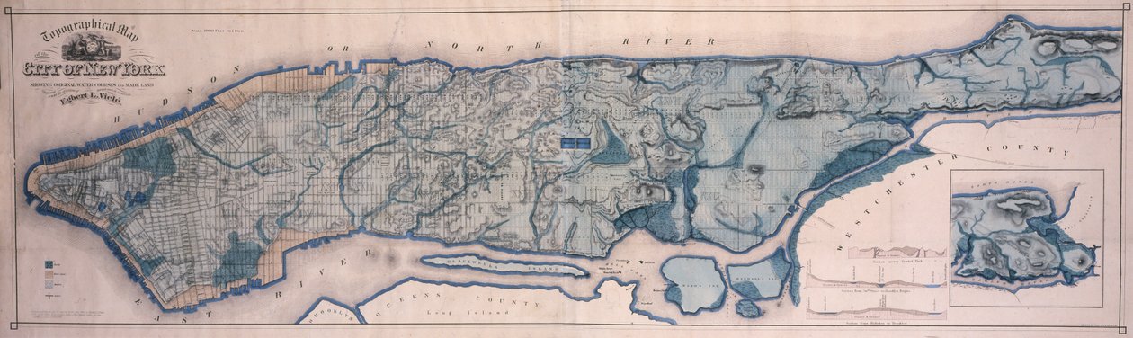 Topografisk kart over New York, som viser vassdrag og laget land, 1865, 1865 (svart blekk, med fargevask, på papir bakket med klut) av American School
