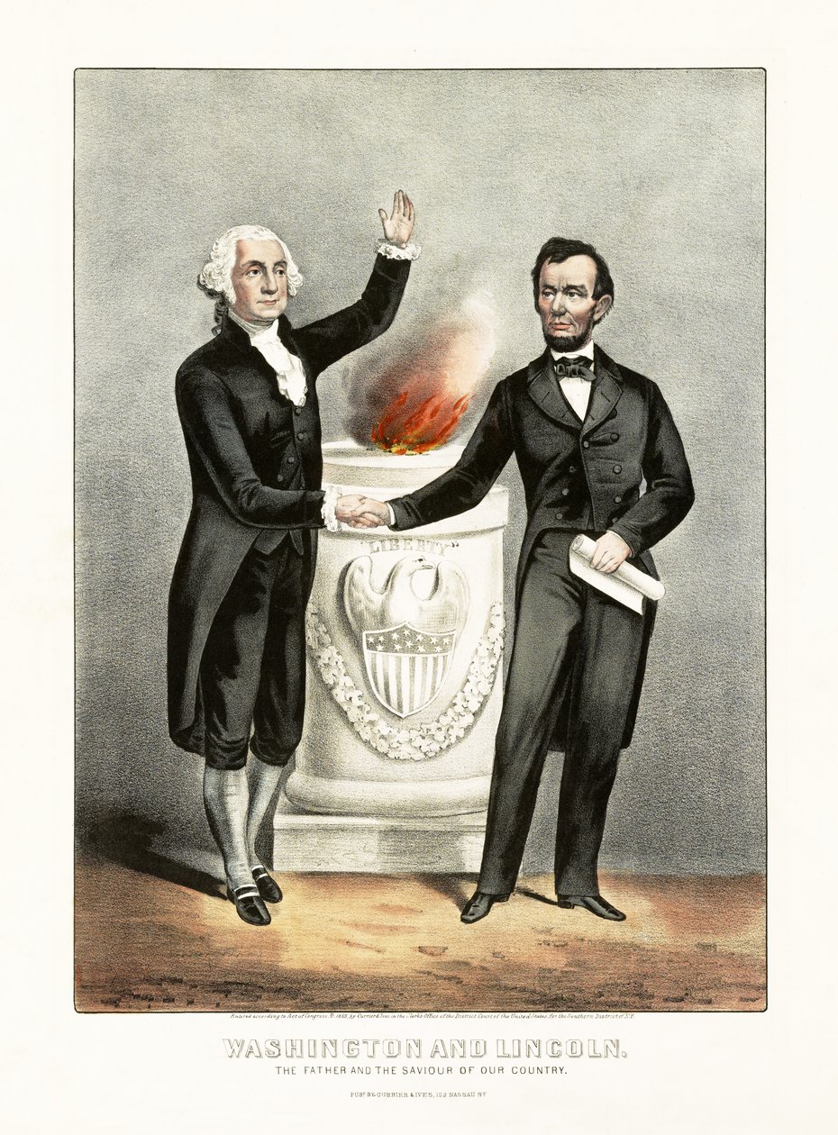 Washington og Lincoln The Father and the Saviour of our Country, pub. 1865 av American School