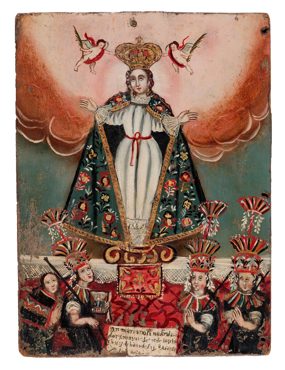 Jomfru Maria med indiske givere, 1752 (olje på trepanel) av Bolivian School