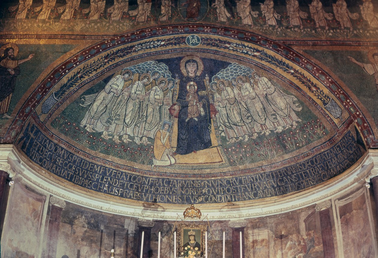 Pave Paschal I (817-24) ved føttene til jomfruen og barnet, fra apsis (mosaikk) av Byzantine School