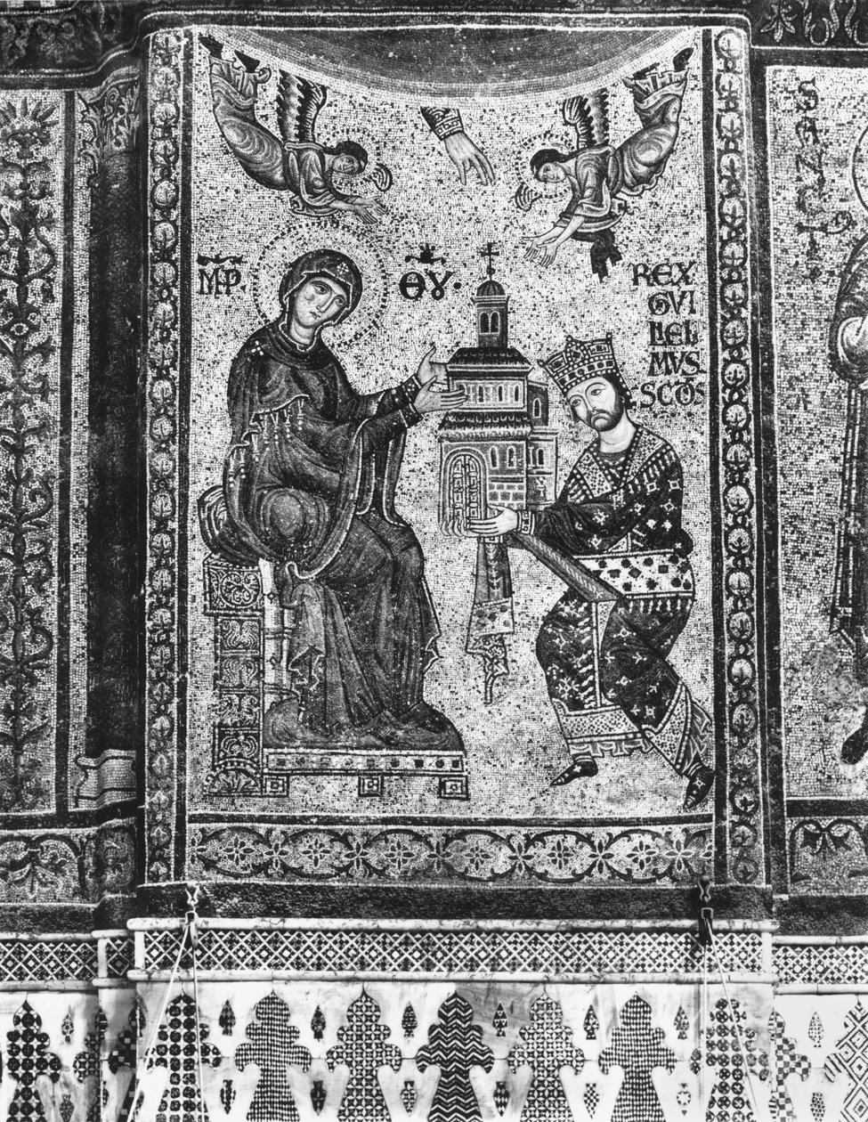 Kongen Vilhelm II av Sicilia tilbyr kirken Monreale til jomfruen (mosaikk) av Byzantine School