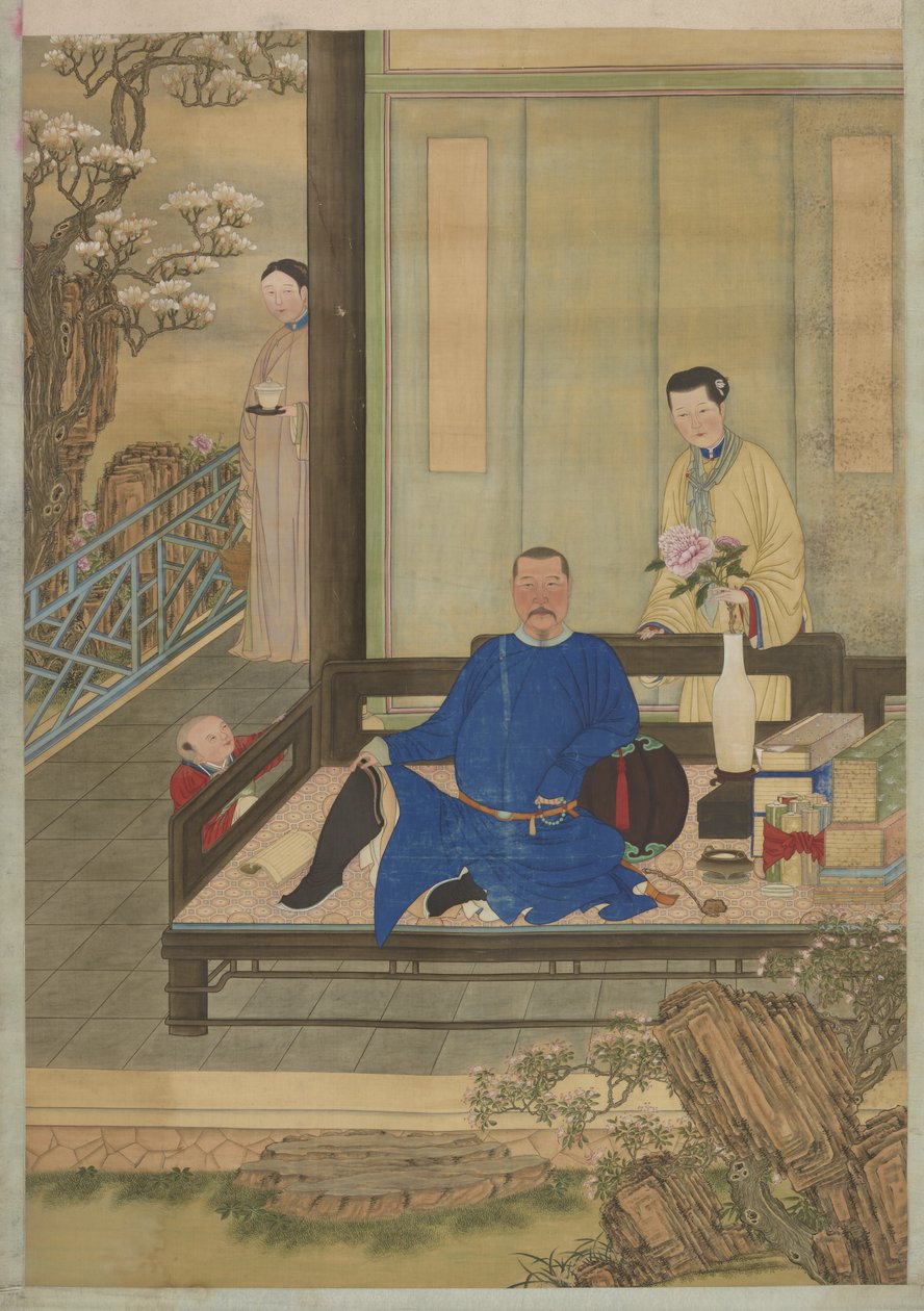 Portrett av en uidentifisert mann og hans sønn, Qing-dynastiet (blekk og farge på silke) av Chinese School