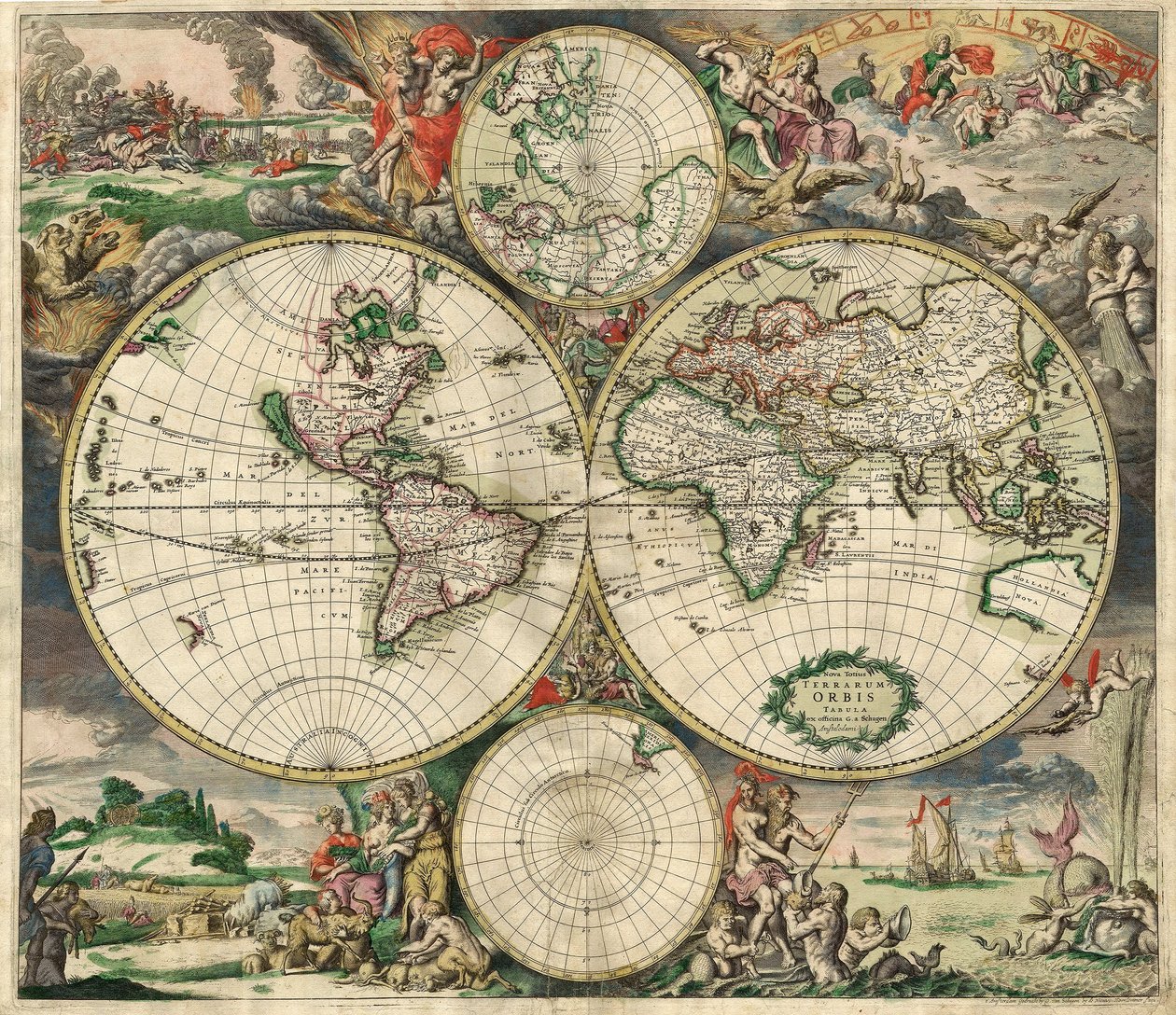 Terrarum Orbis Tabula etter G. a Schagen. Pub. C. 1689 (håndfarget gravering) av Dutch School