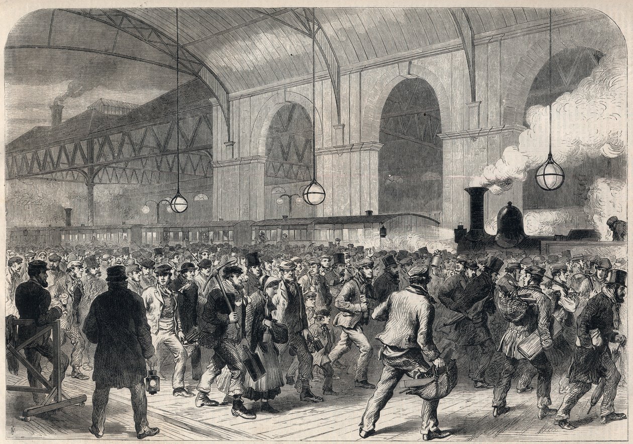 Ankomst av arbeidernes penny-tog på Victoria Station i London. av English School
