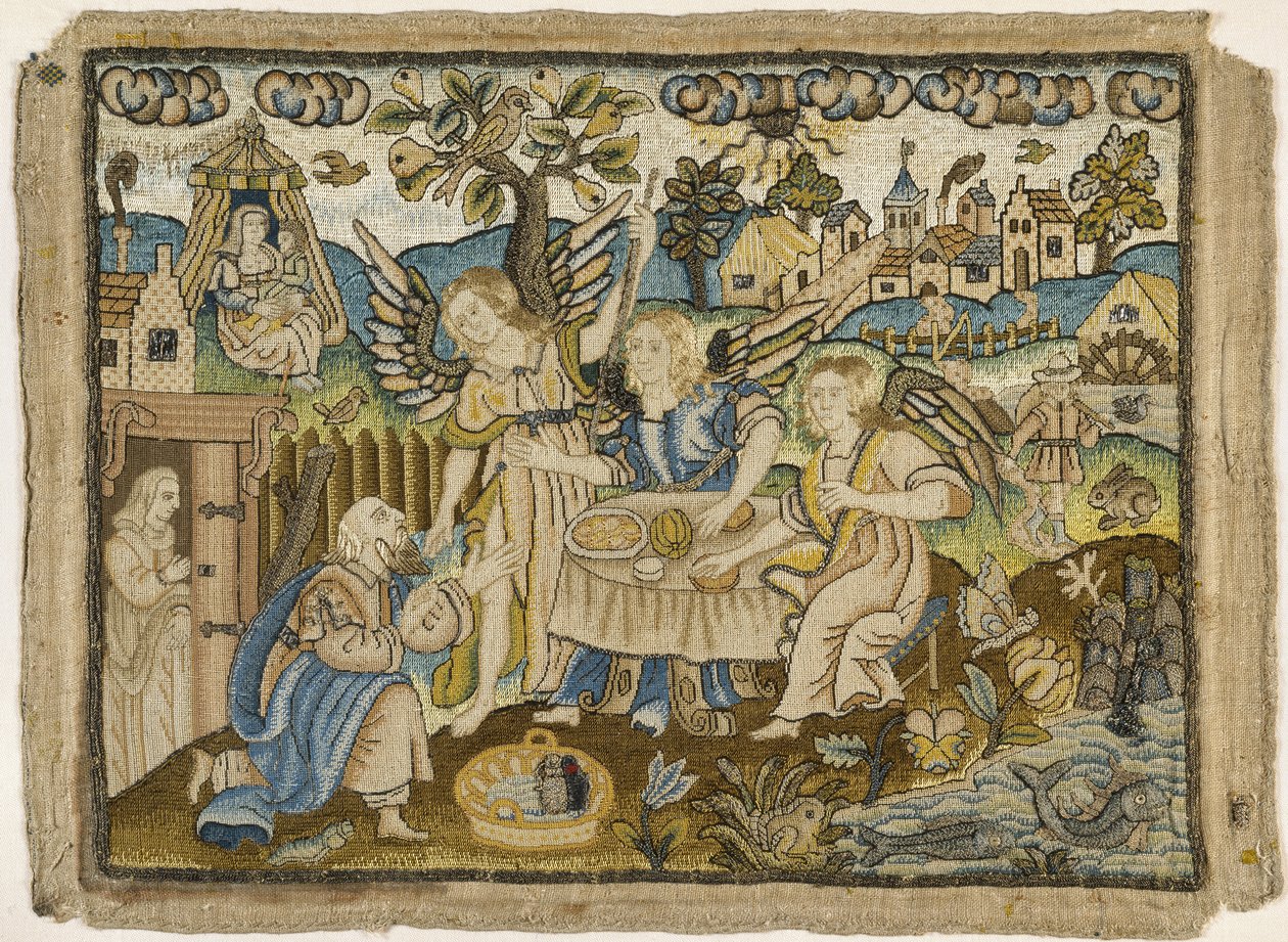 Brodert bilde: Abraham underholder englene, 2. halvdel av 1600-tallet (silke- og metalltråder på lin) av English School