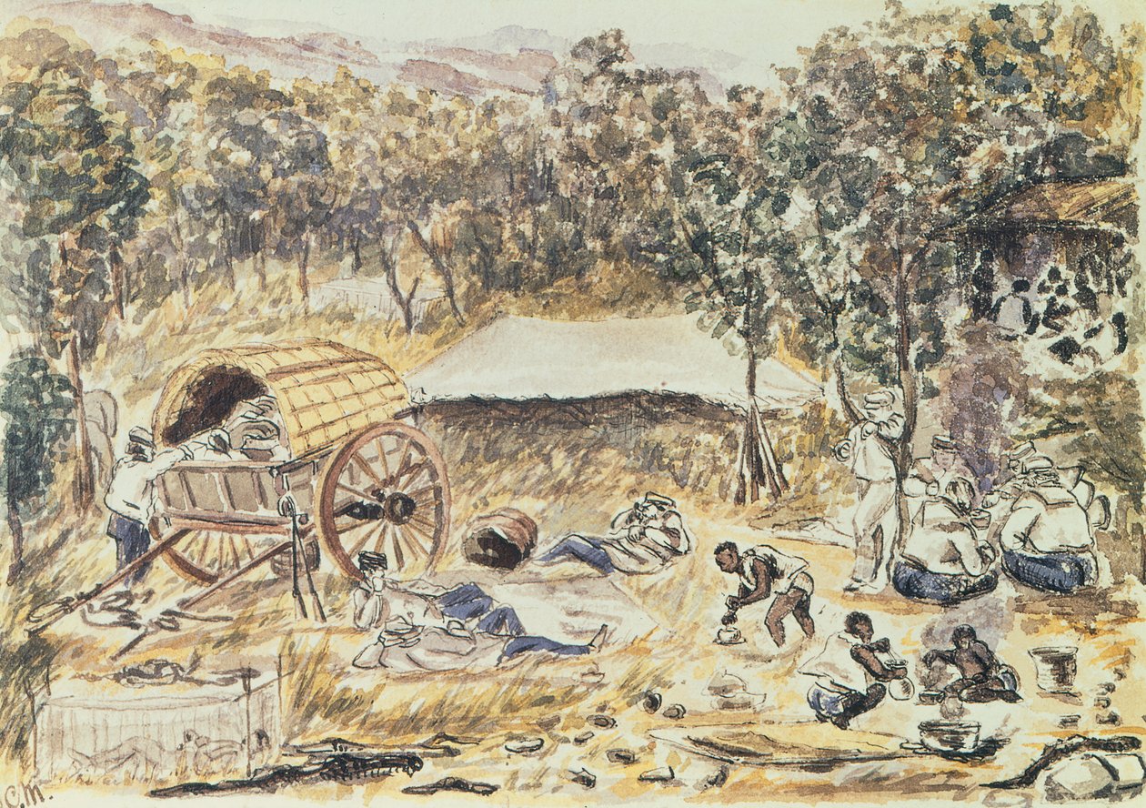 Kveldsstopp på reisen for å søke en vei for Lady Nyasas vogn fra fossen til innsjøen, ca. 1863 (wc på papir) av English School
