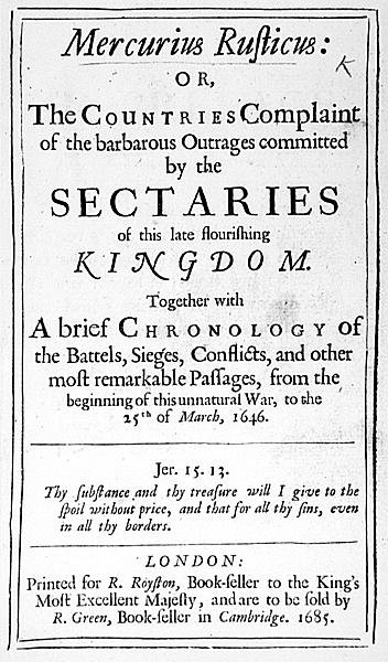 Forside fra Mercurius Rusticus, utgitt i 1685 av English School