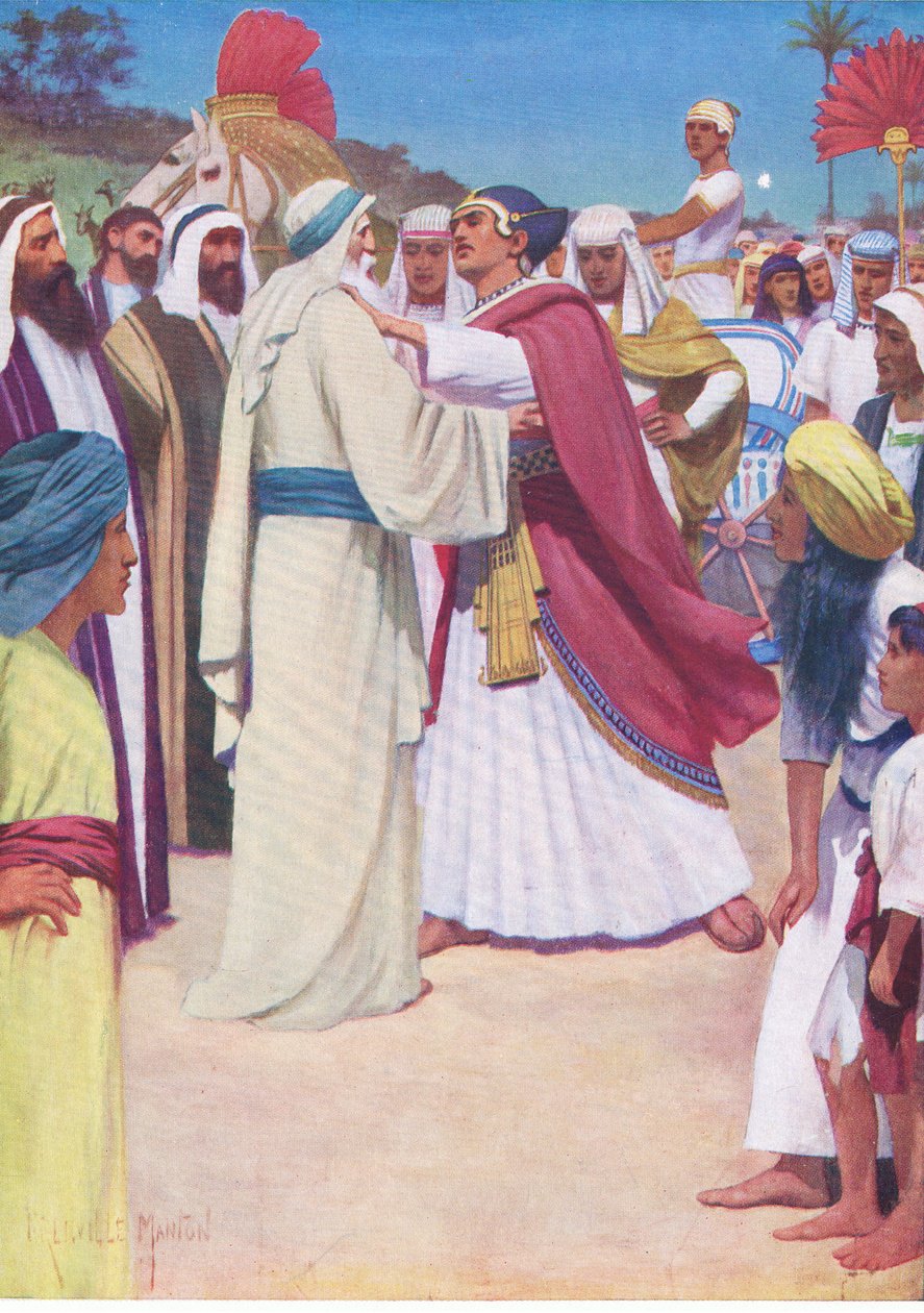 Jacob og Joseph møtes, fra The Bible Picture Book utgitt av Thomas Nelson, ca. 1950 av English School