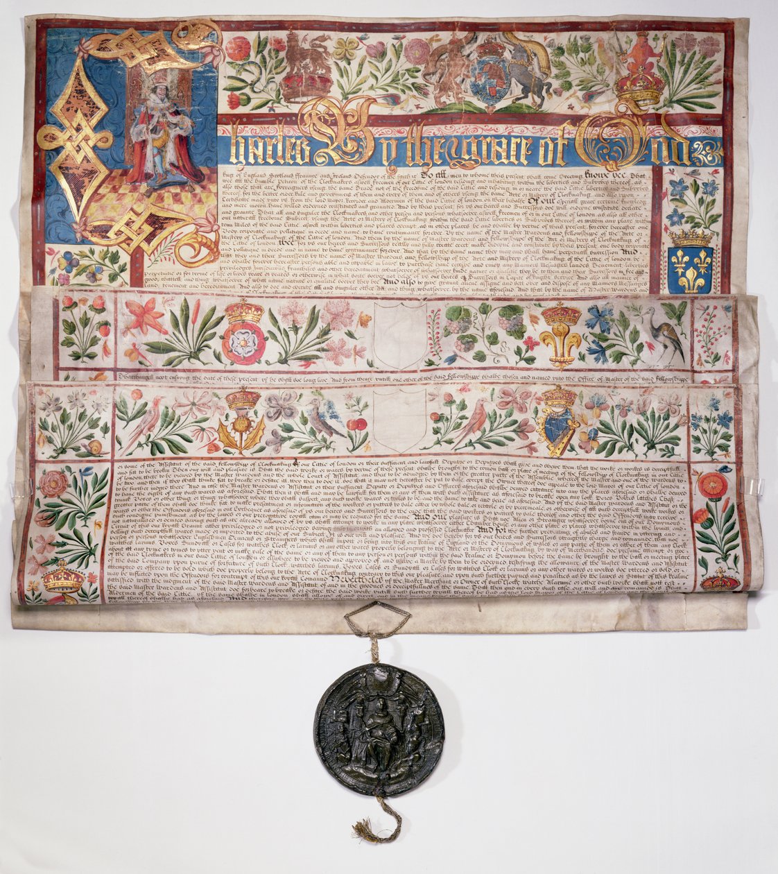 Ms 6430 The Clockmakers Charter, gitt av kong Charles I 22. august 1631 av English School