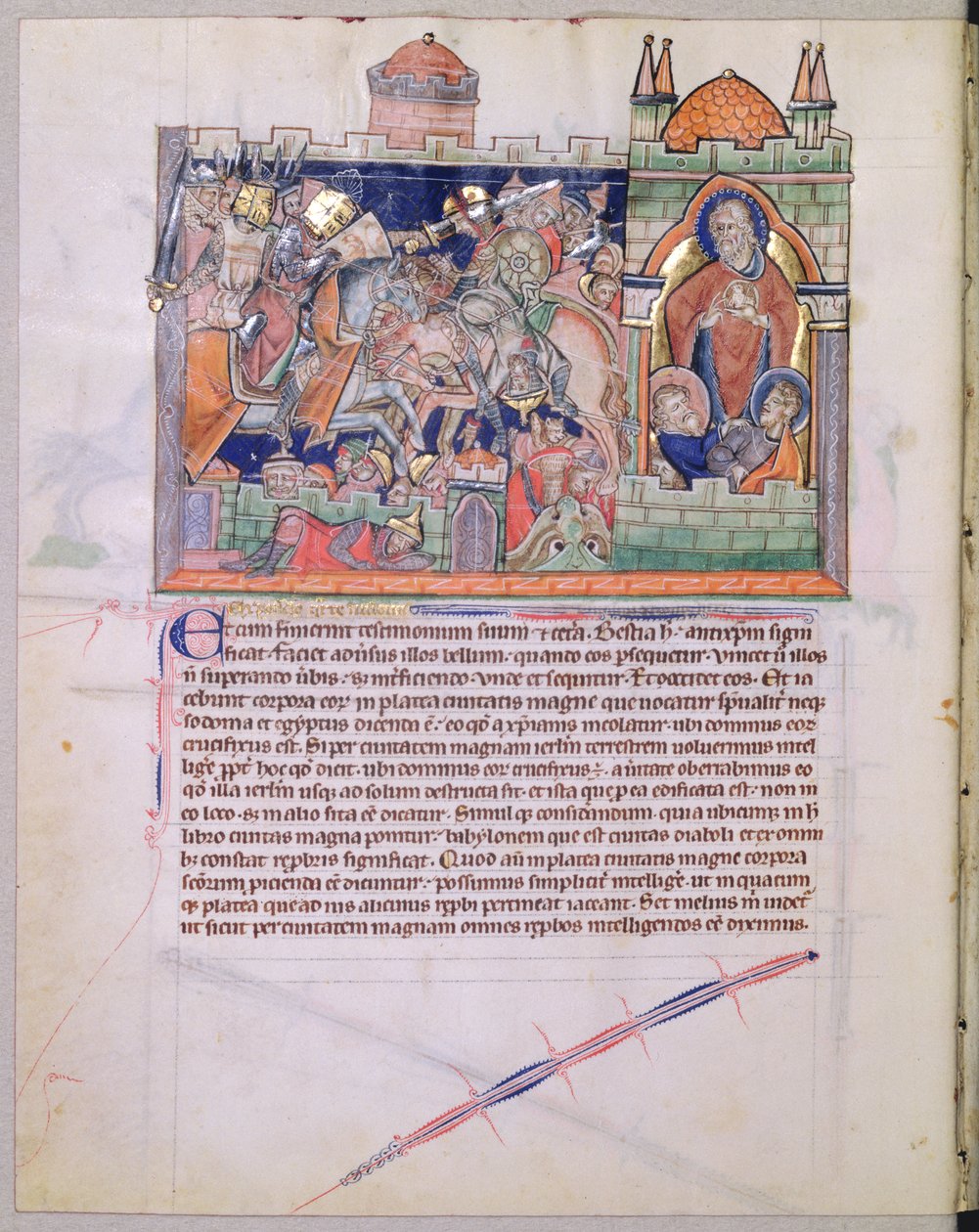 Ms L.A. 139-Lisboa fol. 26v Guds tempel er bevart mens nasjonenes hær herjer domstolen i 42 måneder, fra Gulbenkian Apocalypse, ca. 1265-70 av English School