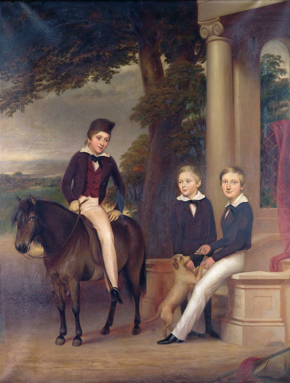 Portrett av John, George og Thomas Gladstone med deres favoritt kjæledyr, ca. 1840 av English School