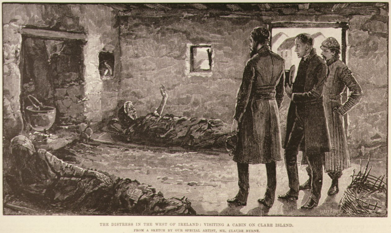 The Distress in the West of Ireland: Visiting a Cabin on Clare Island, fra The Illustrated London News, 4. oktober 1886 av English School