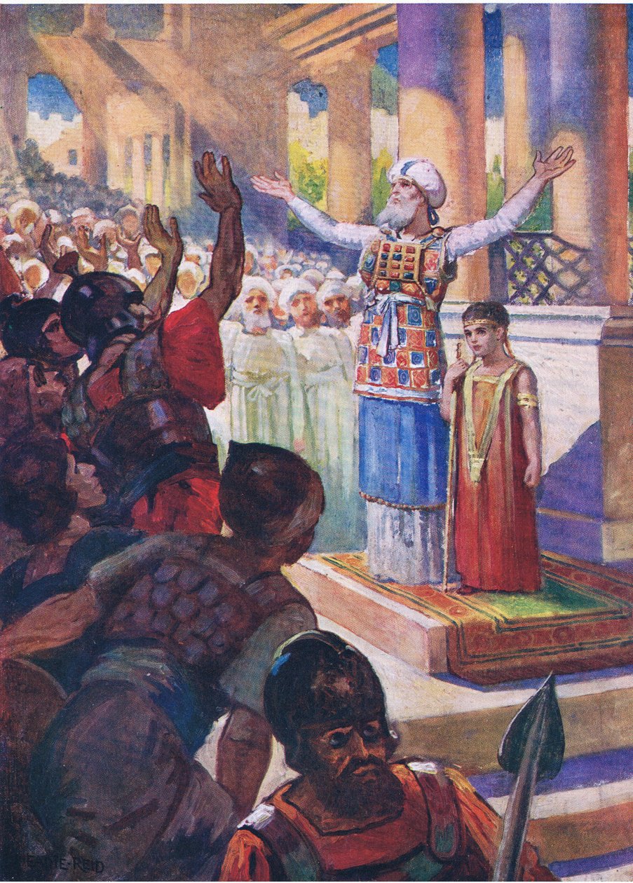 Gutten Joash kronet til konge, fra The Bible Picture Book utgitt av Thomas Nelson, ca. 1950 av English School