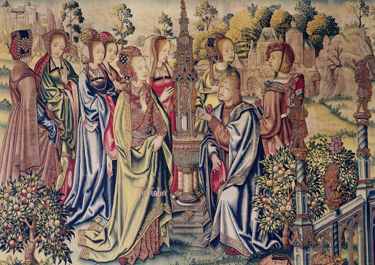 Batseba mottar to sendebud fra David ved fontenen, ca. 1510-15 av Flemish School