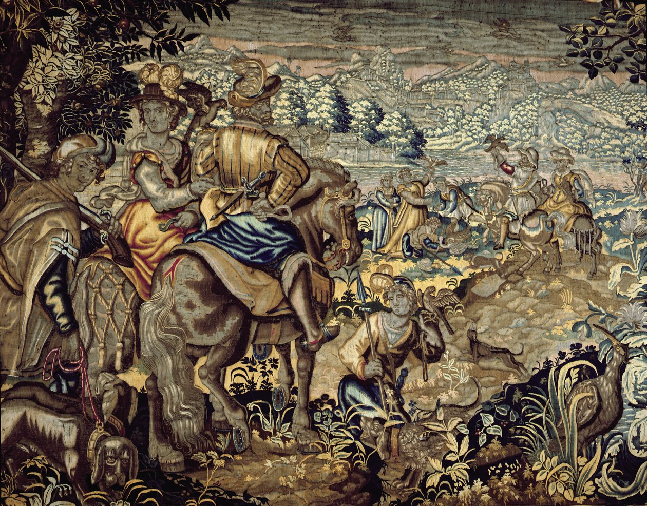 Tapet som viser en falkejaktscene (broderi) av Flemish School