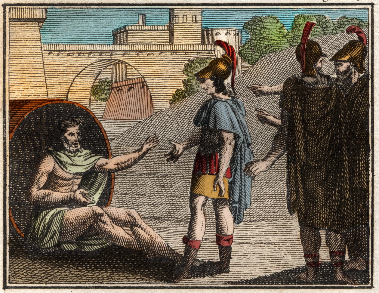 Alexander den store (Alexander III av Macedon (356-323 f.Kr.) besøker Diogenes fra Sinope (ca. 410-c. 320 f.Kr.), gresk kynisk filosof. av French School