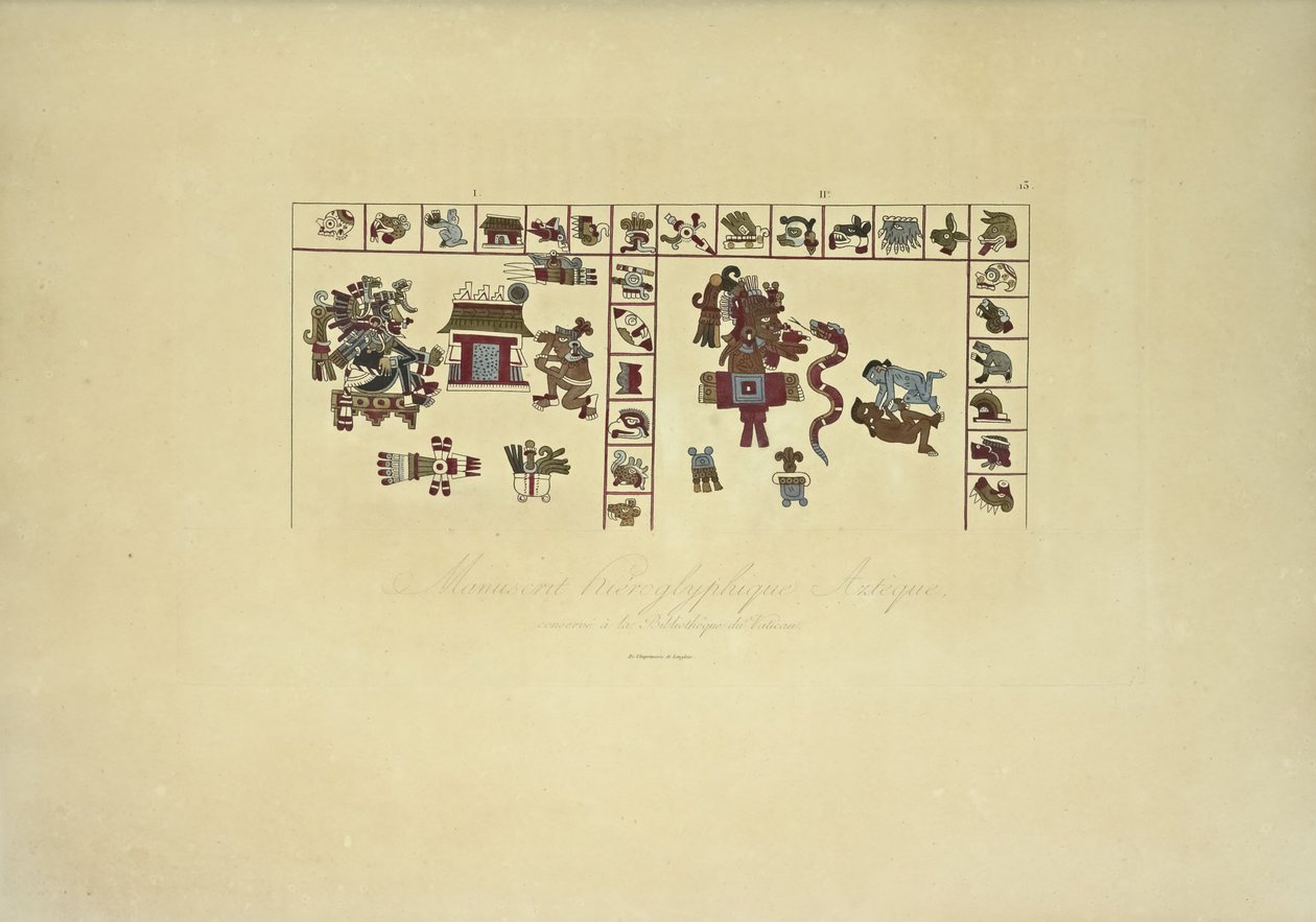 Aztec hieroglyfisk manuskript bevart ved Vatikanets bibliotek, illustrasjon fra Views of the Cordilleras and Monuments of the Urbefolkningen i Amerika av Alexander von Humboldt og Aime Bonpland, 1813 av French School