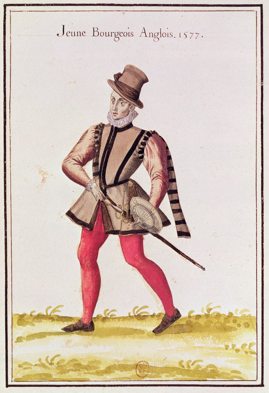 Kostymer fra landene i nord - en ung engelsk statsborger, 1577 (fargegravering) av French School