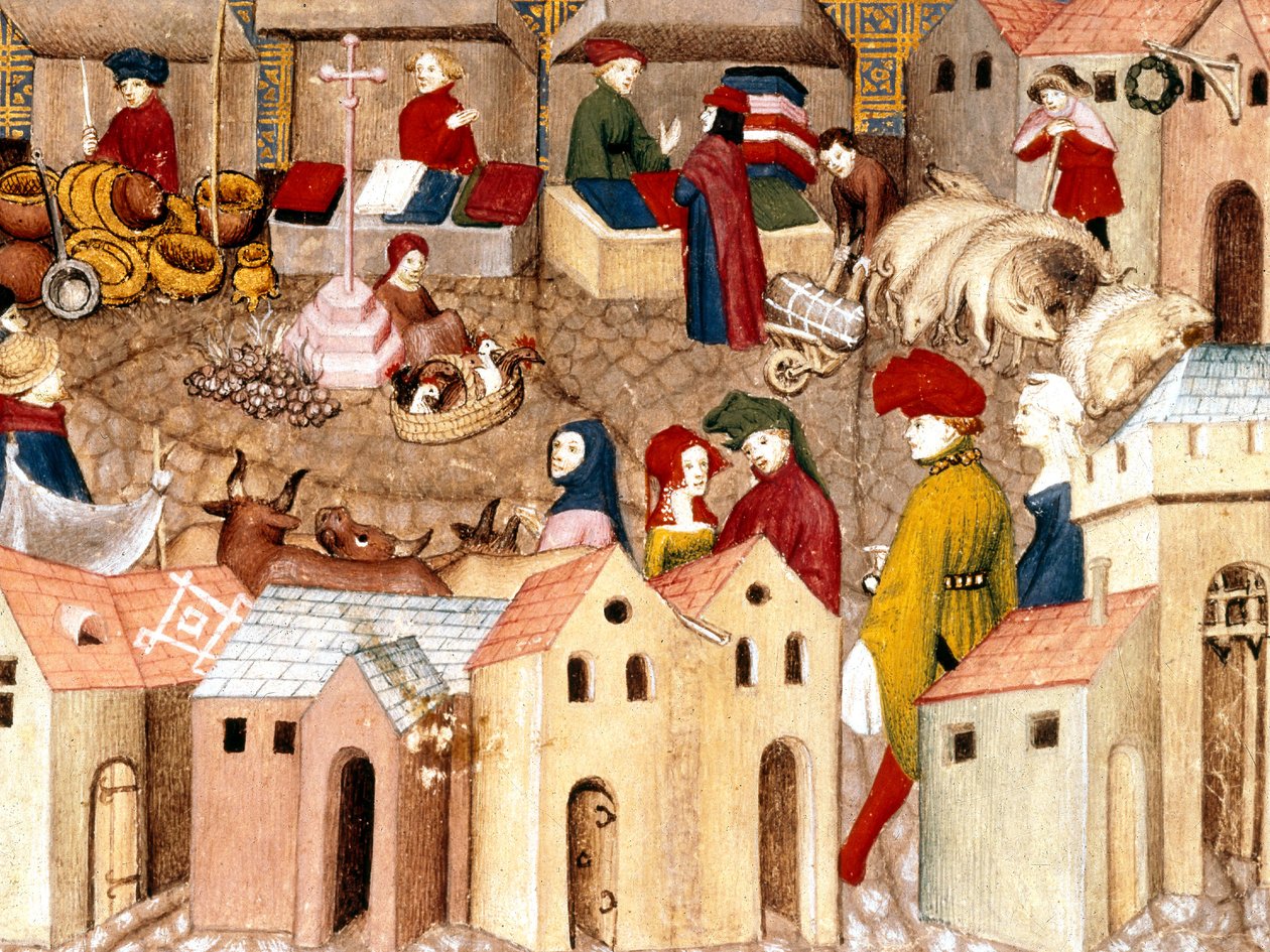 Fr 12559 fol.167 Markedsplassen , belysning fra Le Chevalier errant av Thomas III de Saluces, Paris, ca. 1400-05 av French School
