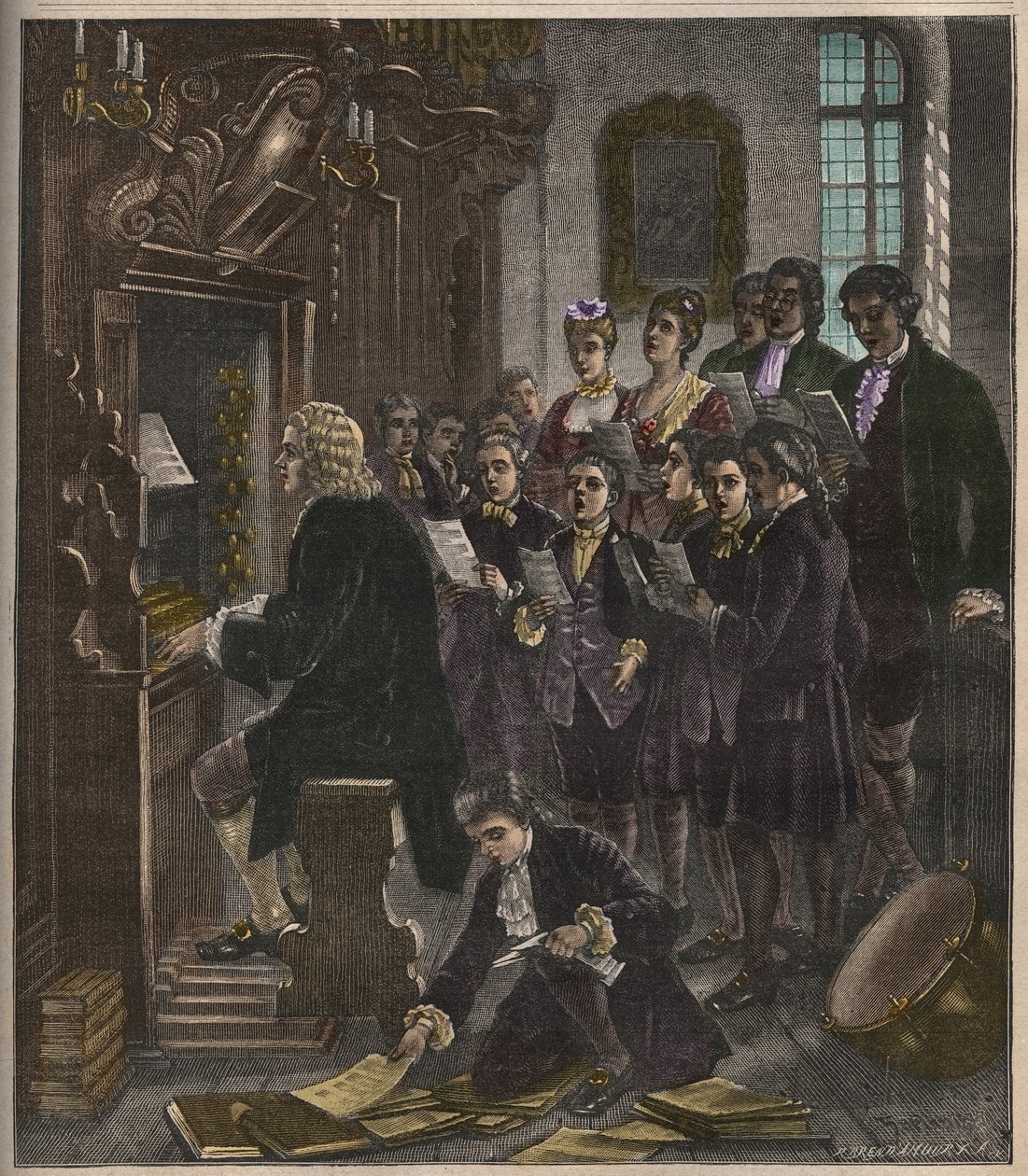 Johann Sebastian Bach spiller orgel ved St Thomas School, Leipzig, illustrasjon fra La musique populaire, 1882 av French School