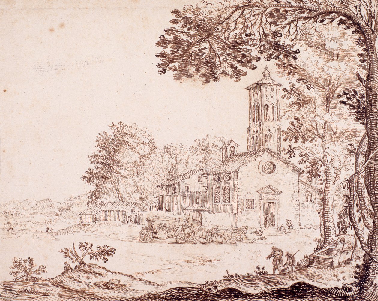 Landskap, kirke og vogn av French School