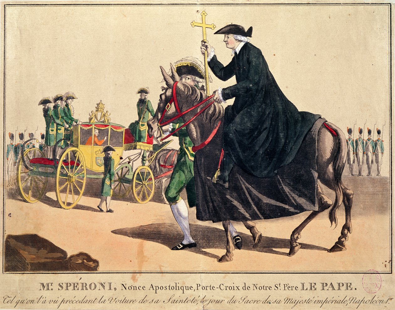 Monsignor Speroni som bærer det pavelige korset, går foran pave Pius VII på vei til Notre-Dame-katedralen, Paris, for kroningen av keiser Napoleon og keiserinne Josephine 3. november 1804 (farge) av French School