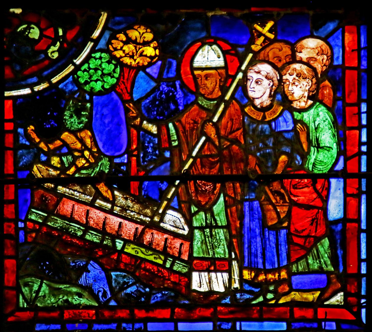 St. Martin som driver ut en demon fra graven til en antatt martyr, scene fra St. Martins liv, Chartres-katedralen av French School