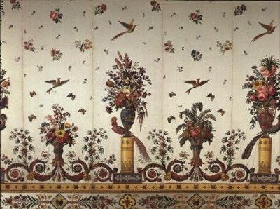 Tekstil med klassiske vaser og urner, blomster og paradisfugler, av Cousin og Bony, Bissardon, Lyon, 1811 (brodert sateng) av French School