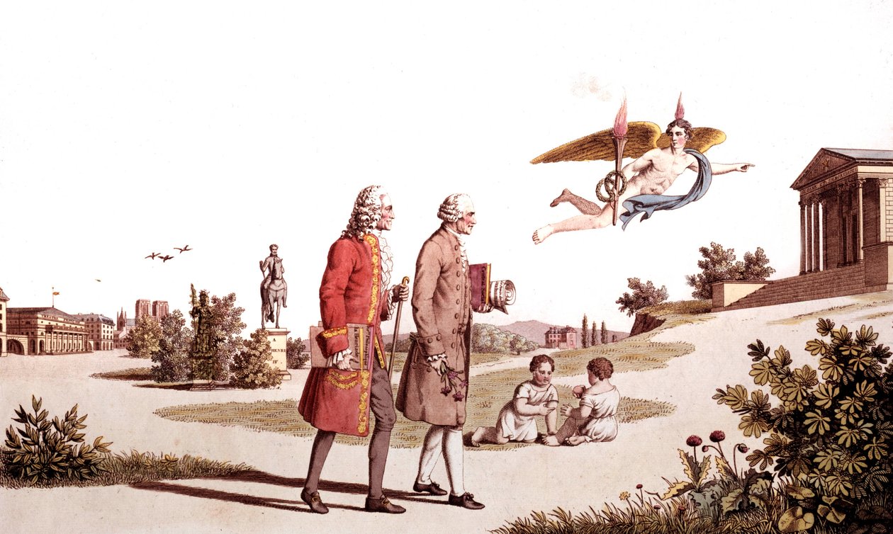 The Spirit of Voltaire og Jean Jacques Rousseau leder dem til Immortality Temple, illustrasjon fra An Allegory of the Works of French Philosophers av French School