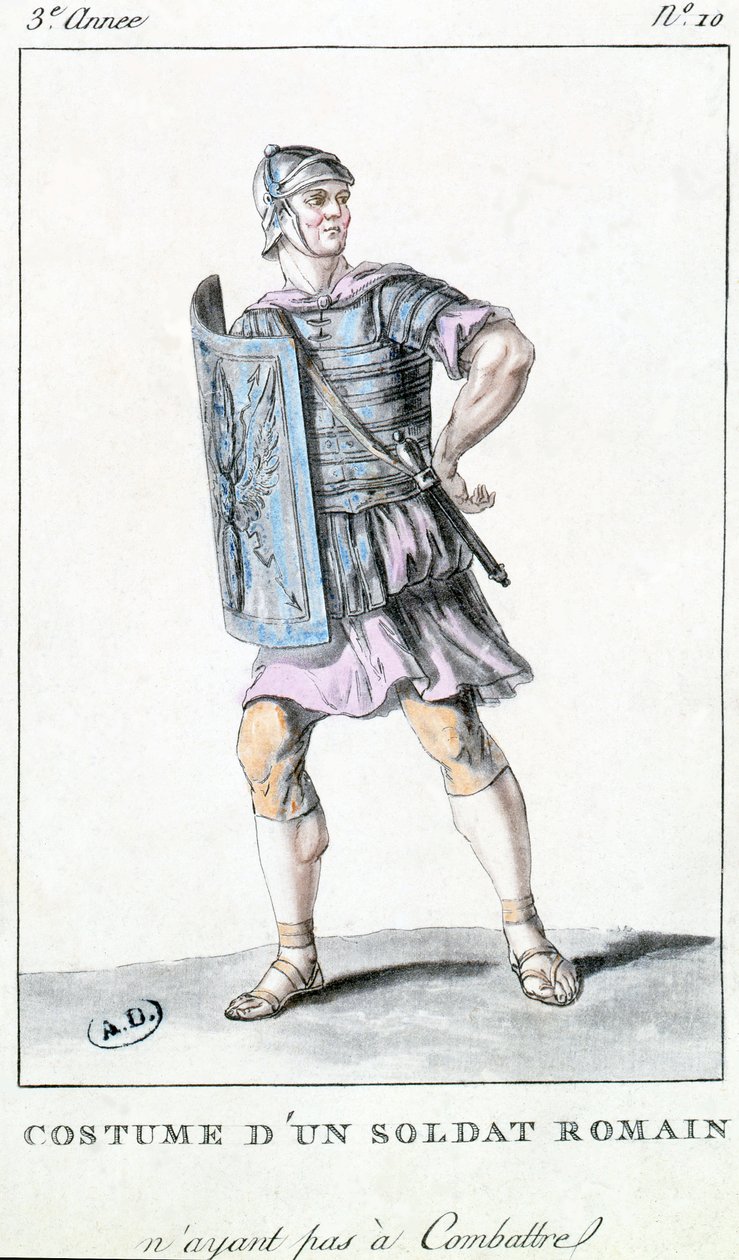 Teaterkostymedesign for en romersk soldat (fargegravering) av French School