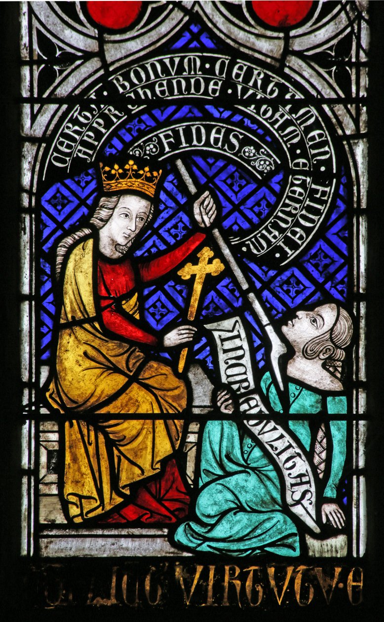 Vindu som viser Pychomachia: Faith and Idolatry av French School