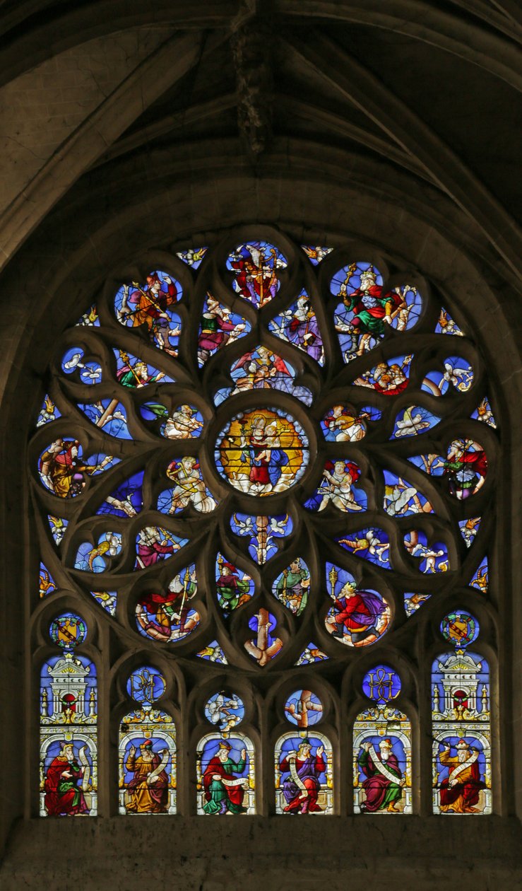 Vindu som viser Tree of Jesse, rosevindu av French School